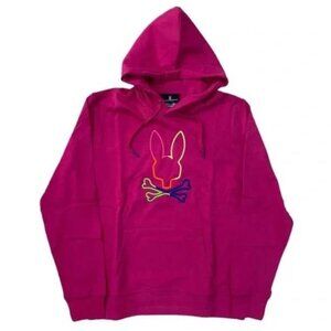 Psycho Bunny Men's Embroidered Leo Bunny Pull Over Hoodie Sweatshirt in Magenta